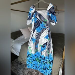 Vintage Hawaiian Togs Floral Maxi Dress Womens 16 Blue Cottagecore Y2K Vacation